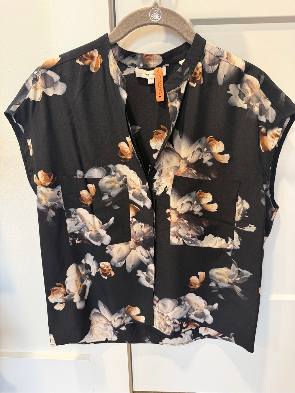 Vince Black Floral Split-Neck Cap-Sleeve Top with Cream and Tan Blooms